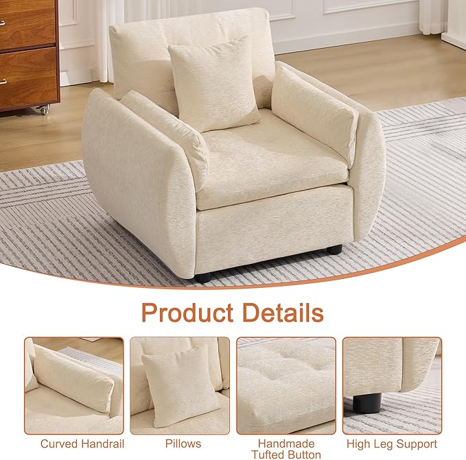 30 Single Modular Cloud Sofa Accent Chair Deep Seat Tufted Chenille Armchair Sectional Sofa for Living Room Beige