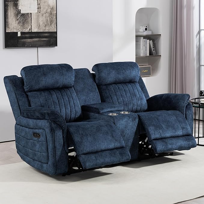Power Zero Gravity Reclining Loveseat with Adjustable Headrest Double Reclining Loveseat with Console Power Loveseat Recliner with USB &amp Type-C Ports for Living Room (Blue)