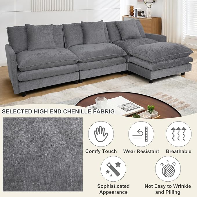 Oversized Modular Sectional SofaSofa Couch with Movable Ottoman Deep Seat L-Shape CouchSoft Chenille Corduroy Cloud Couches for Living Room ApartmentOffice (Grey 3+1 L)