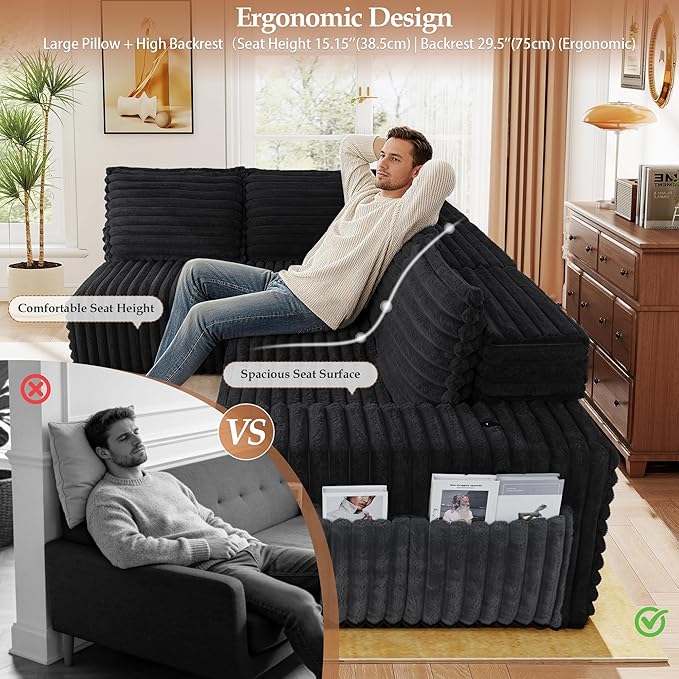 Cloud Boneless Sofa Oversized Modular Sectional L-Shape Sofa with Chaise High Backrest Corduroy Fabric Couch with USB Charging Ports Cup Holders &amp Pillows for Living Room (Black)
