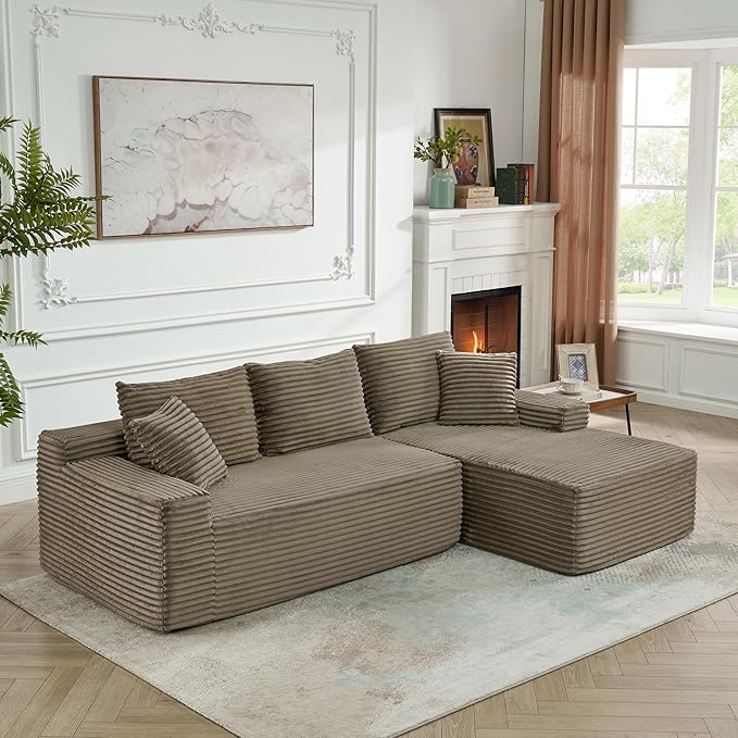 L-Shaped Cloud Sectional Couch Right Facing Modular Compressed Boneless Sectional Sofa with Chaise Lounge Plush Corduroy Boneless Corner Sofa for Living Room