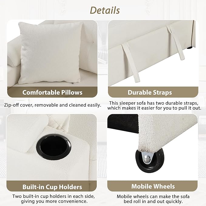 83 L-Shape Sofa Bed Pull-Out Sleeper Sofa with Wheels and Built-in Cup Holders Modern Button Tufted 3 Seater Sectional Corner Couch with Power Sockets for Living Room (Beige-s32)