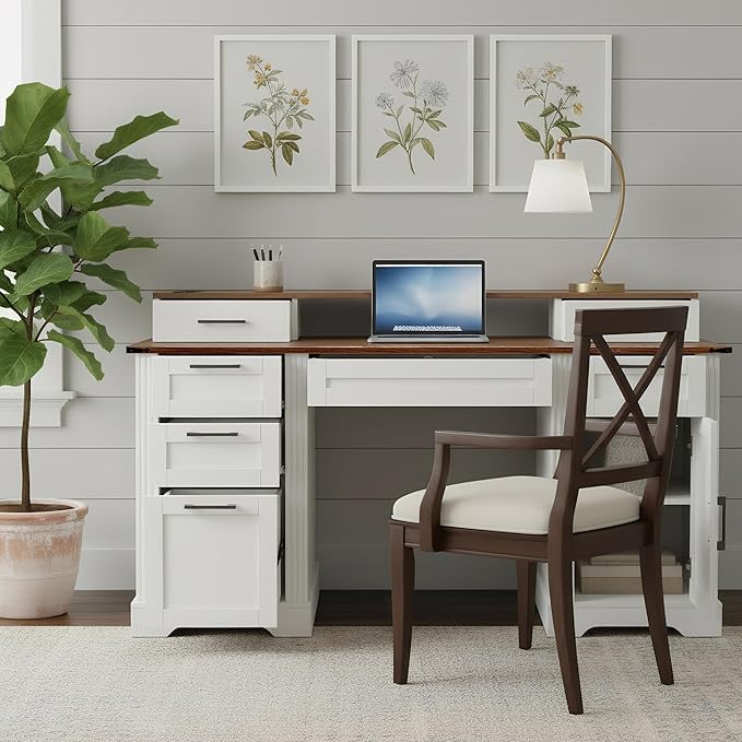 59.5 Farmhouse Office Desk with USB Charging Station Fixed Monitor Stand with Drawers Convertible Keyboard Tray &amp File Cabinet Home Computer Workstation with Large Storage
