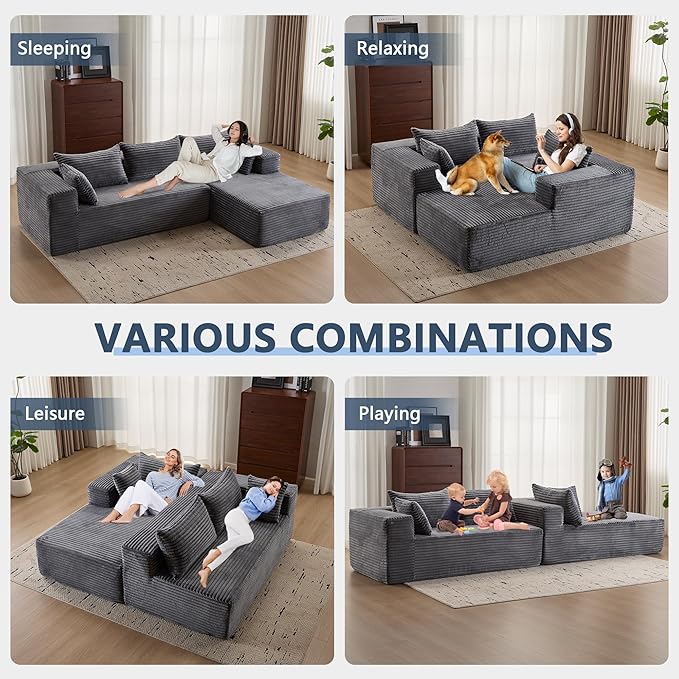 107 Modular Sectional Couch with L-Shape ChaiseBoneless Sofa for Living RoomModern Cloud Couch with Deep SeatNo Assembly RequiredLovesetGrey(Right Facing Chaise)