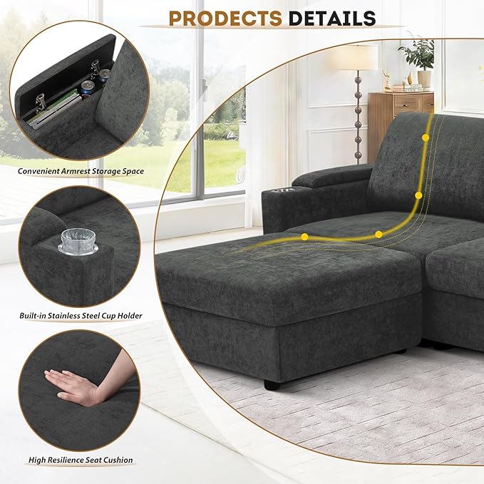 108'' Chenille Sectional Couch with Storage ArmrestsU Shaped Upholstered Sofa with 2 Movable Ottomans 5-Seat Modular Couch with Cup Holders for Living Room Grey