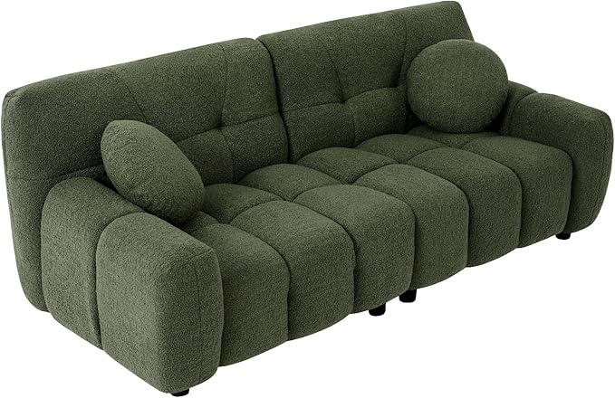 Modern Boucle Sofa Couch Comfy Deep Seat Teddy Cloud Couch 72.8 Upholstered Cozy Sherpa 2 Seater Couches with Pillows Oversized Loveseat Sofa for Living Room Apartment Emerald Green