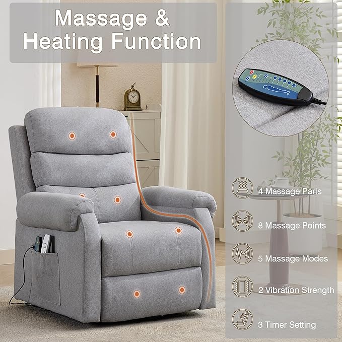 Power Lift Recliner Chair Recliners for Elderly with Heat and Massage Recliner Chair for Living Room with Infinite Position and Side Pocket USB Charge Port (Light Grey)