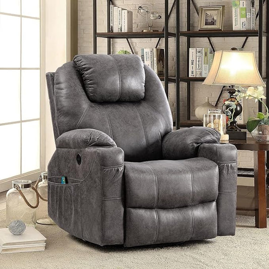 Manual Swivel Glider Rocker Recliner Chair with Massage and Heat 2 USB Ports 2 Cup Holders 2 Side Pockets and 2 Front Pockets Bronze Suede Fabric (Grey)