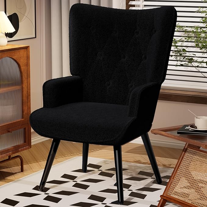 TLSUNNY Accent Chair Comfy Upholstered Armchair with Metal Legs High Backrest Living Room Chair Wingback Chair Mid Century Modern for Living Room/Vanity/Bedroom Teddy Fabric Black (1 pc)