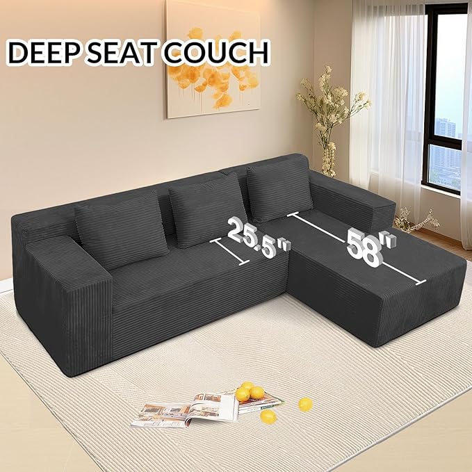 Modular Sectional Sofa L-Shape Couch Upholstered Boneless Corduroy Fluffy Couch for Living Room Deep Seat with Pillow Backrest No Assembly Required (Grey Right Facing Chaise) | Friendly Size Flex