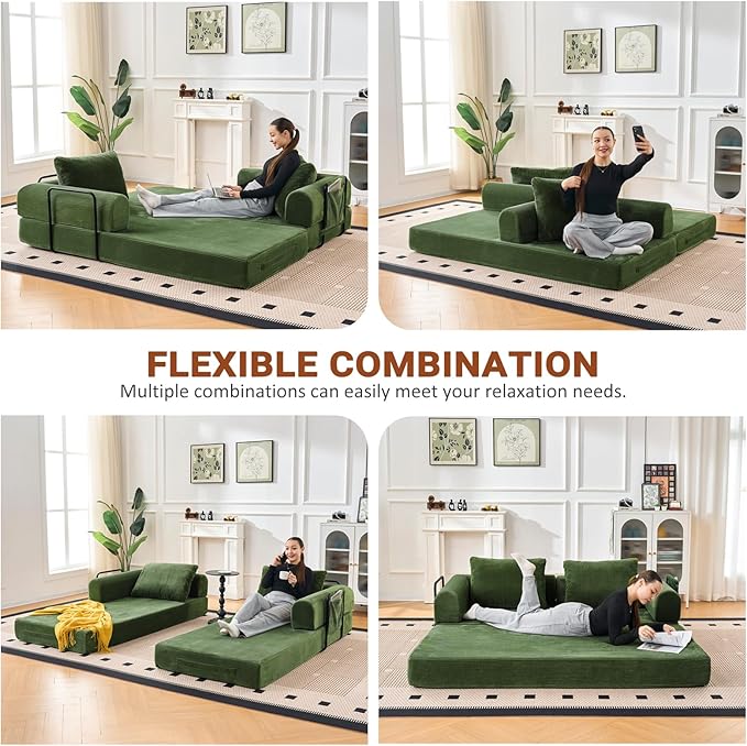 79 Convertible Sofa Bed 5-in-1Boneless Couch for Living Room with 2 Pillows Corduroy Folding Sleeper Sofa Bed Boneless Cloud Loveseat Futon Sofa Bed for Living Room Bedroom Lounge Green
