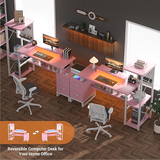 Computer Desk with 2 Fabric Drawers - Reversible Home Office Desk with Power Outlet &amp LED Lights 53 Writing Desk with Monitor Stand &amp Storage Shelves Gaming Desk Study Table with Pegboard