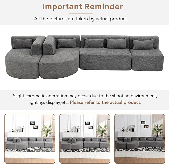144 Sectional Sofa Modern U Shaped Couch Comfy Deep Seat Upholstered Sofa with 2 Chaise and 5 Back Pillows for Living Room Free-Combined Grey