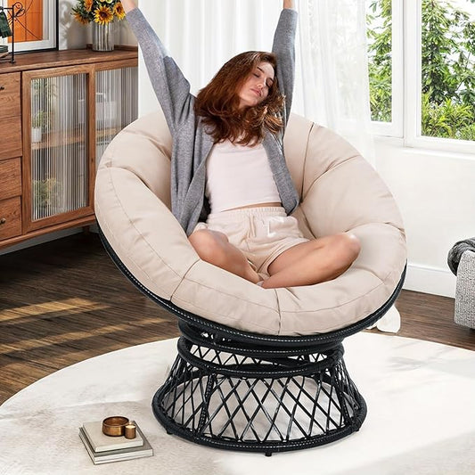 40 Ergonomic Wicker Papasan Chair 360° Swivel Indoor Outdoor Rattan Chair with Soft Thick Cushion Ideal for Living Room Bedroom Reading Room Black Frame with Beige Cushion