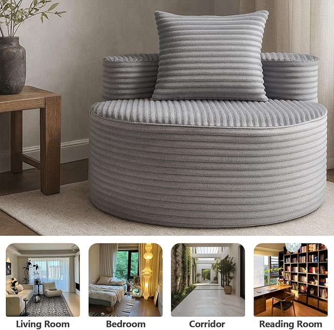 45 Oversized Round Chair Boneless Reading Chair with Comfy Pillow for Living Room Circle Cloud Chair for AdultsCorduroy Memory Foam Large Seat No Assembly Required (Grey)