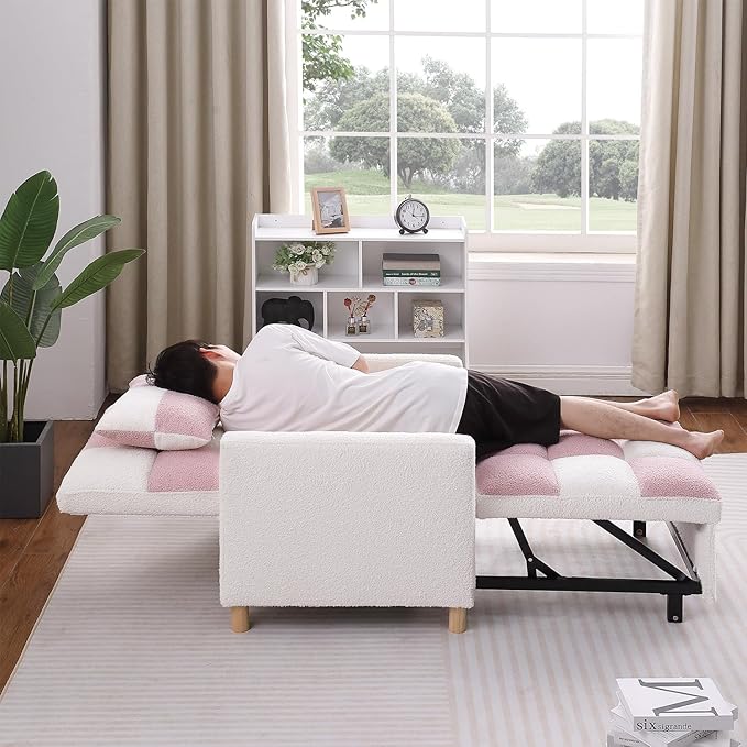Convertible Sleeper Chair 3-in-1 Sleeper Chair Pull-Out Futon Bed for Small Space Soft Teddy Fabric Sturdy Metal Frame Pink