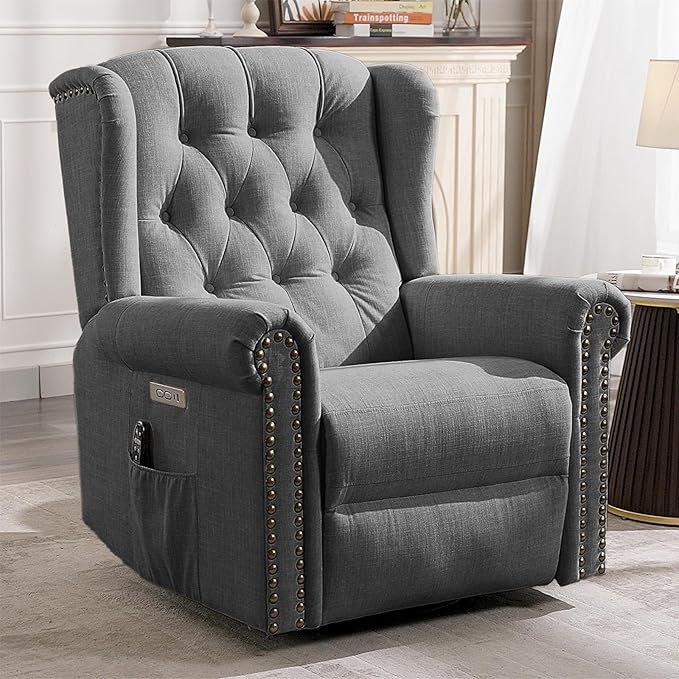 MEETWARM Power Swivel Rocking Glider Recliner Chair Electric Rocker Nursery Reclining Chair with Heat and Vibration Wingback Tufted Upholstered Recliner for Living Room Type-C and USB Ports (Grey)