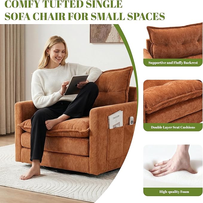 Square Swivel Chair360°Rotation Armchair for ReadingPlush Chenille Upholstered Accent Club Chair with ArmsModern Single Cloud Sofa Chair for Living Room Bedroom (1 OrangeBrown)