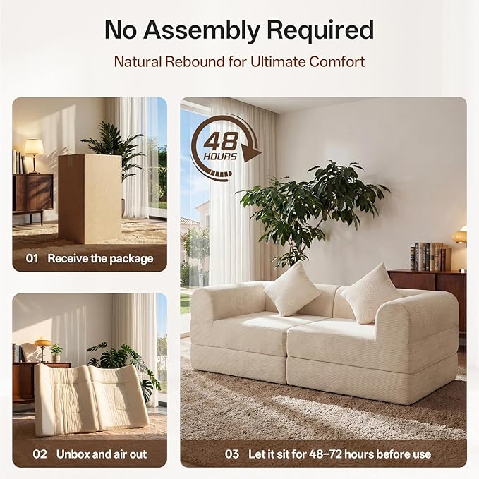 74.8’’ Boneless Modular Convertible Sofa Bed Fold-Out Floor Couch Loveseat All-Foam Futon Mattress Couch Corduroy Sleeper Sofa for Living Room &amp Small Spaces No Assembly Required Beige