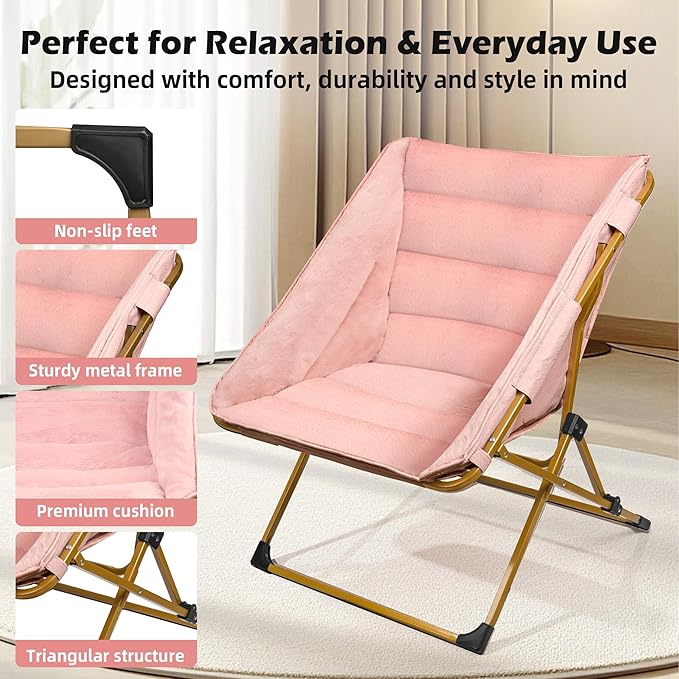 Comfy Saucer Chair for Adults Soft Faux Fur Bedroom Chair Cozy Folding Lounge Chair Reading Chair for Living Room Dorm &amp Bedroom Pink
