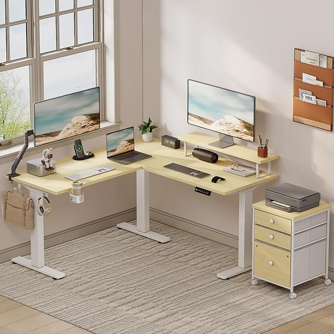 Flycity Electric L Shaped Standing Desk with File Cabinet 59 x 59 Corner Computer Desk with Drawers Dual Motor Stand Up Desk with Storage Home Office Standing Desk Adjustable Height Maple
