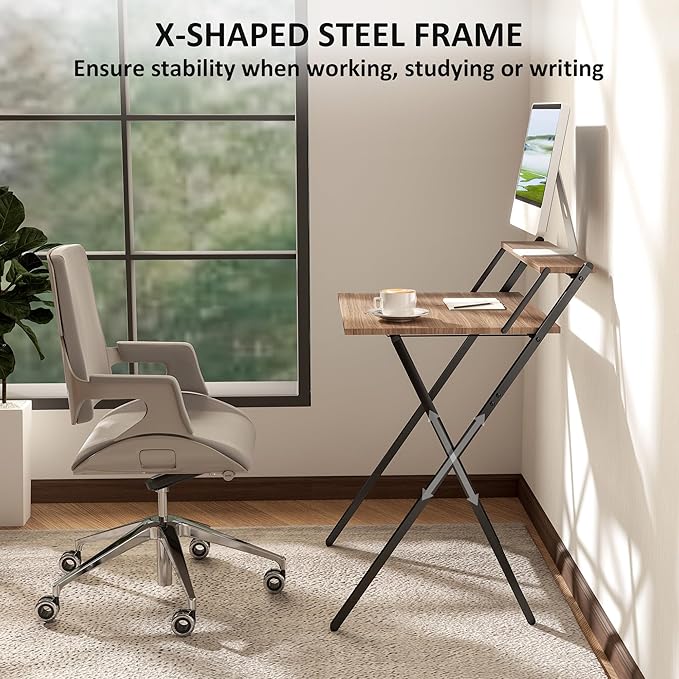 HOMCOM Small Folding Desk 27.6 Inch Foldable Computer Desk with Monitor Shelf Space Saving Portable Writing Table for Small Spaces Home Office Study Easy Assembly Walnut