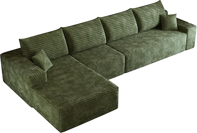 135 Corduroy Boneless Sectional Couch with Chaise No Assembly Required L Shaped Modular Sectional Sofa Upholstered Boneless Couches for Living Room Bedroom (Green 4 Seater+Left Facing Chaise) | C