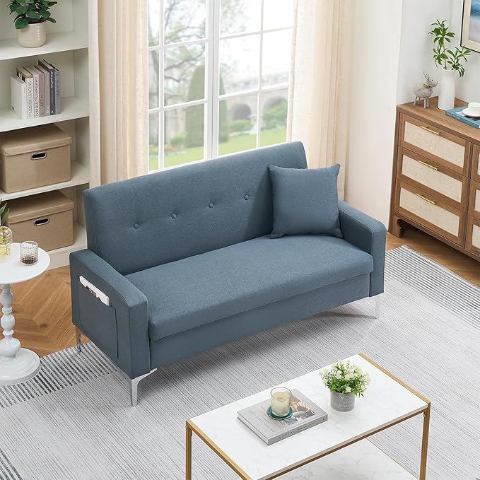 57 Grey Suede Couch Mini Comfy Sofa with Spring Cushions Loveseat Storage Sofa for Bedroom Small Couch for Small Spaces Modern Living Room 2 Seater Sofas with Pillow Seat (Grey)