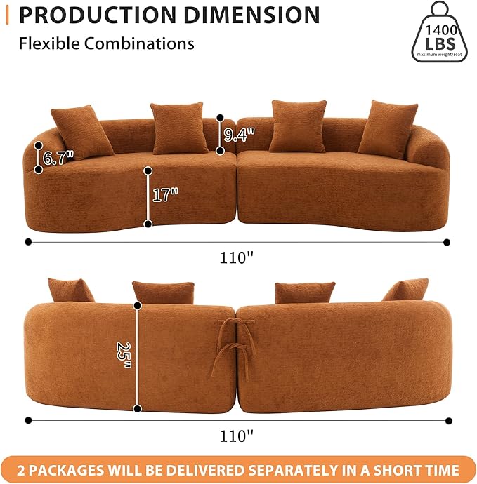 Modern Curved Boneless Sofa 110 Compression Modular Chenille High-Density Sponge Sectional Couch with 4 Seats No Assembly Required Lounge Sleeper Sofa for Living Room Apartment (Orange)