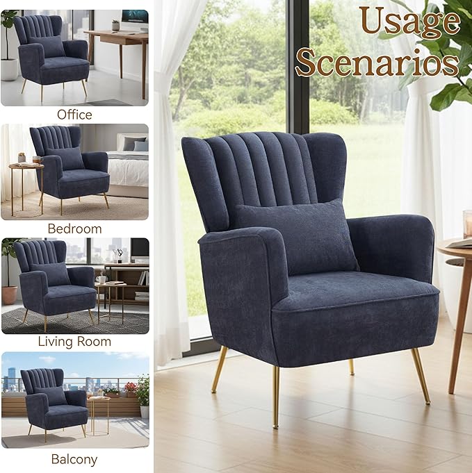 Chenille Accent Chair Set of 2 with Lumbar Pillow Modern Wingback Chair for living room with Metal Legs Upholstered Arm Chair with Thick Cushion Reading Chairs for bedroom Comfy Sofa Chair Blue