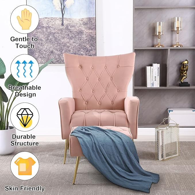 ODUWA Velvet Accent Chair with OttomanModern Accent Chairs with Armrests and BackrestButton Tufted ChairSingle Recliner Armchair with Ottoman for Living Room Bedroom Office