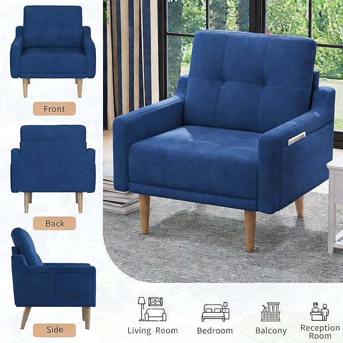 EJUNQ Mid Century Accent Chair Upholstered ArmchairComfy Reading Chair with Wood LegsModern Single Sofa Chair for Living Room Bedroom Small Spaces (2 Blue)