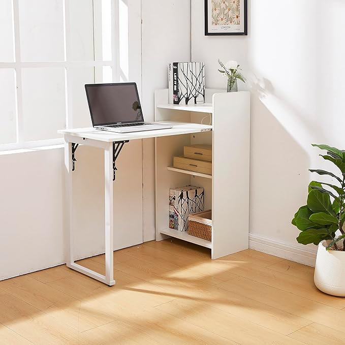 Fold Out Desk with Storage and Built-in Outlet Mid Century Foldable Desk for Small Spaces Hidden Folding Table for Home Office or Bedroom (White)