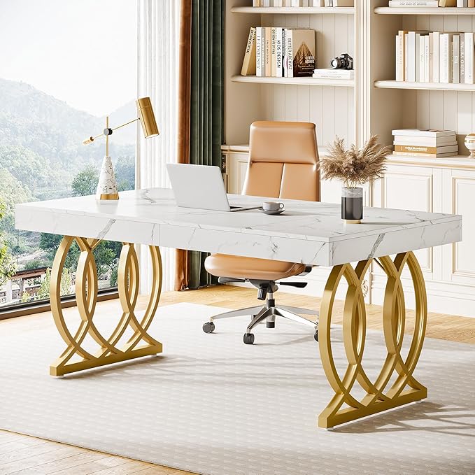 Tribesigns 63-Inch Executive Desk Modern Office Computer Desk with Stylish Gold Legs Rectangular Workstation for Home Office Small Conference Table for Meeting Room (White &amp Gold)