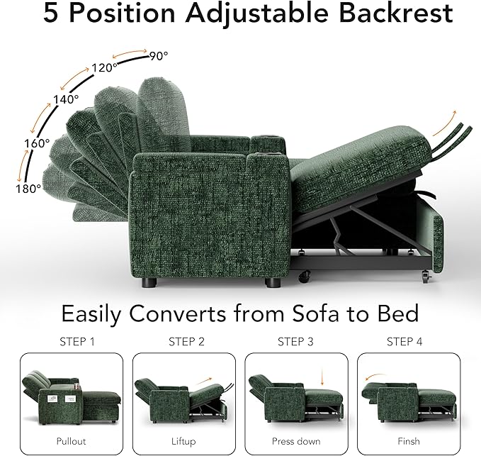Sunny Heart L-Shaped Sleeper Sofa with Pull Out Bed 82 Sectional Couch with Reclining Backrest Reversible Storage Chaise Armrest Storage Cup Holders Side Pockets Tool-Free Assembly Green