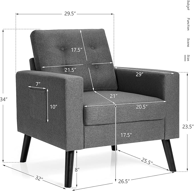 Giantex Modern Accent Chair Upholstered Living Room Chair Button Tufted Single Sofa Couch Bedroom Reading Guest Room Patented Linen Fabric Armchairs with Side Pockets and Wood Legs Gray