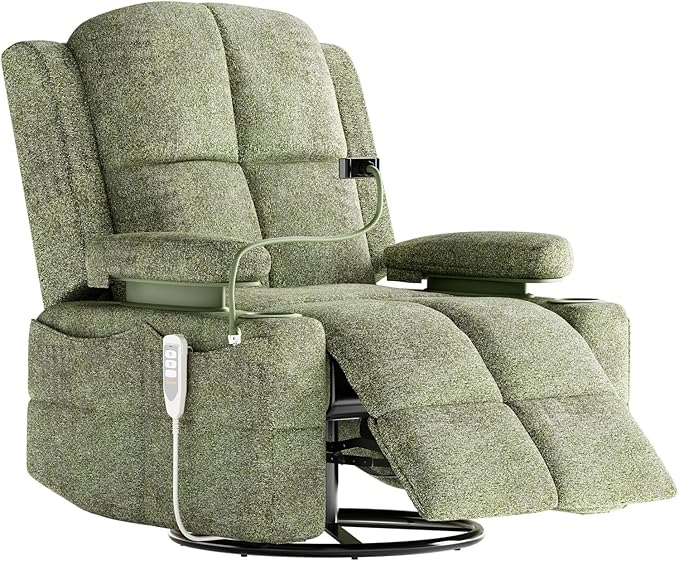 MAMAZING Triple Motor Power Swivel Rocker Recliner Chair with Adjustable Armrests for Adults FSC Certified Faux Leather Rocking Chair for Living Room Green