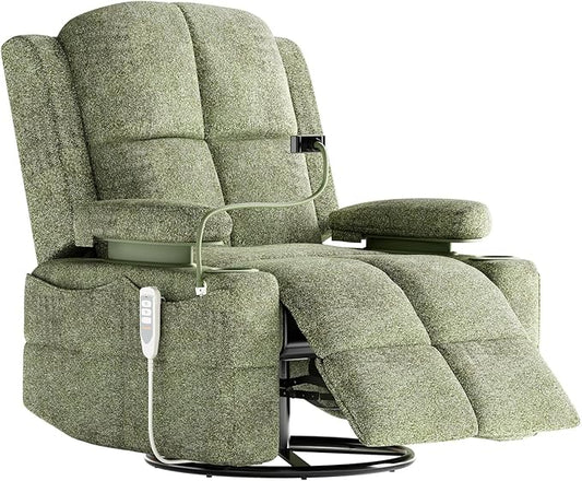 MAMAZING Triple Motor Power Swivel Rocker Recliner Chair with Adjustable Armrests for Adults FSC Certified Faux Leather Rocking Chair for Living Room Green