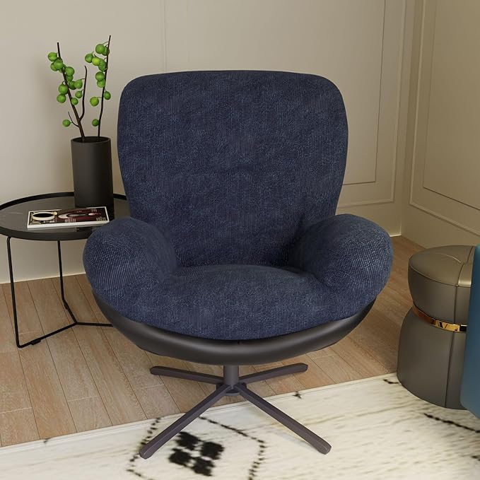 360° Swivel Chenille Chair Modern Lounge Chair with Faux Leather Accents and Black Metal Frame for Reading Nook Living Room Office