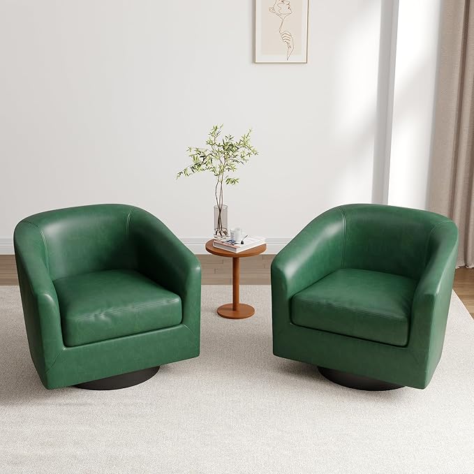Lumibee Faux Leather Swivel Barrel Chairs Set of 2 Upholstered Comfy Round Swivel Accent Chair 360° Rotation Single Sofa Club Armchair for Living Room Reading Room Bedroom Green