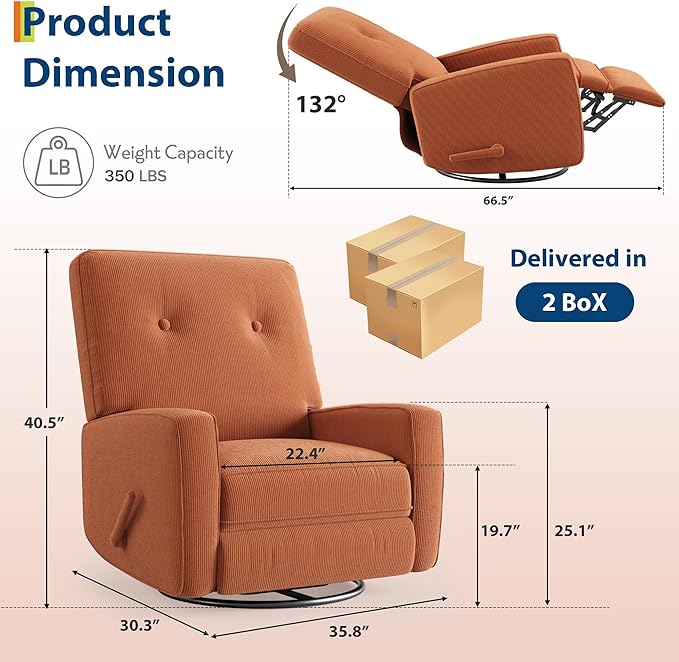 Recliner Chair 360° Swivel Rocking Glider Chair for Adults with Adjustable Backrest &amp Footrest Cozy Corduroy Upholstered Armchair for Living Rooms Bedrooms Apartments Orange