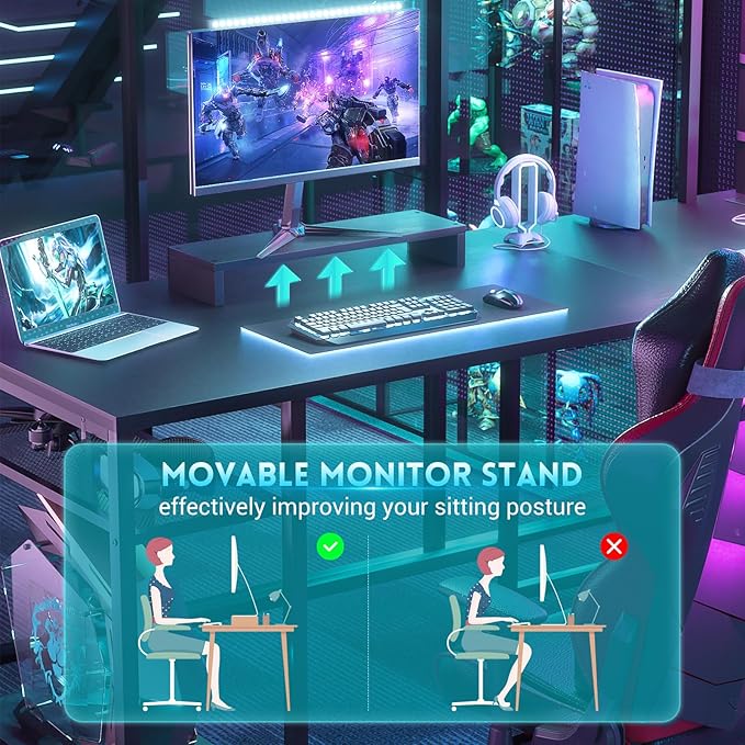 Aheaplus L Shaped Gaming Desk 59 Reversible Gaming Desk with Power Outlet and Led Lights L Shaped Computer Desk with Storage Shelves &amp Monitor Stand Home Office Desk L Shaped Corner Desk Blac
