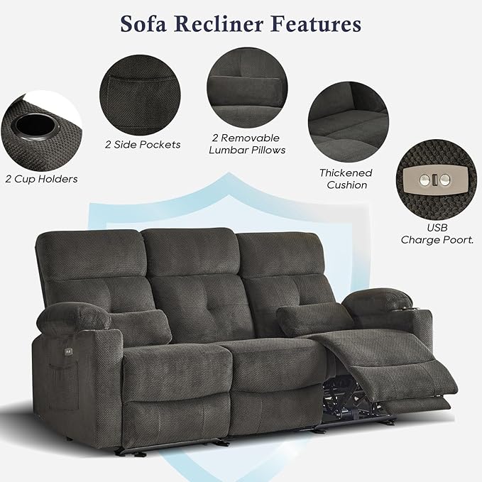 80'' Power Reclining Sofa with Heat and Massage Electric Reclining Couch with Extended Footrest Wall Hugger 3-Seater Recliner Sofa with USB Ports Cup Holders for Living Room