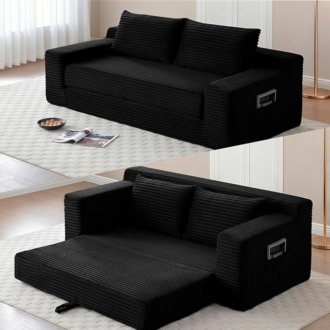 73 Memory Foam Cloud Loveseat Sofa 2 in 1 Convertible Folding Couch Bed Compressed Corduroy Floor Lounge Sofa No Assembly for Apartment Office Bedroom Living Room (Black)
