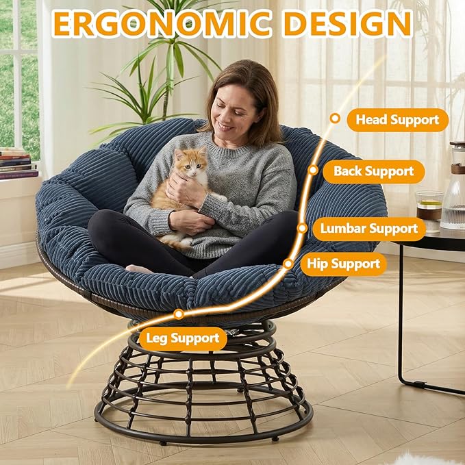 36” Papasan Chair with Cushion and Frame Oversized Papasan Chairs 360° Swivel Olefin Adjustable Feet Suitable for Living Room Patio Bedroom Indoor/Outdoor (Navy Blue)