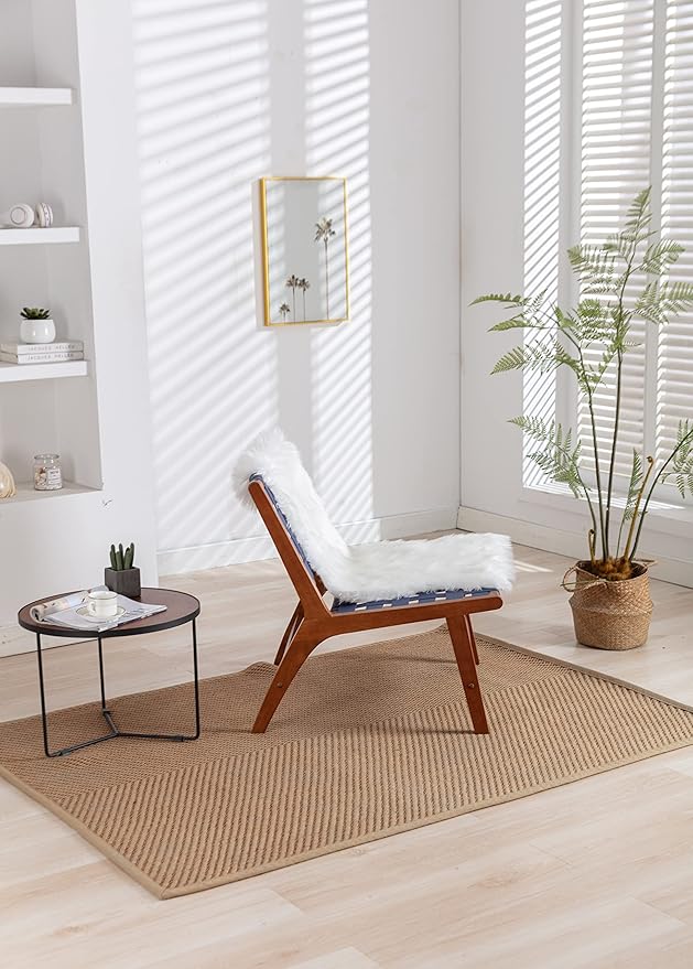Solid Wood Frame Chair with White Faux Wool. Modern Accent Chair Lounge Chair for Living Room