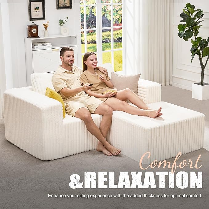 Hobestluk Modular Sectional Sofa Memory Foam Couch L Shape Sofa for Living Room Loveseat with Chaise Lounge Cloud Couch with Removable Cover (Stripe White Loveseat with Chaise)