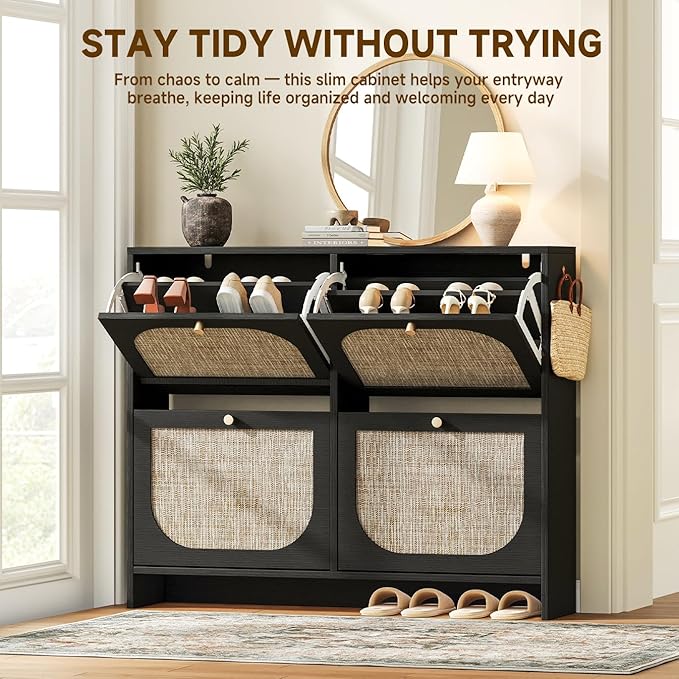 Nicetree Freestanding Arched Rattan Accent Ultra Slim Shoe Cabinet for Entryway - 4 Flip Drawers &amp 3-Tier Adjustable Shelves Farmhouse Modern Rustic Shoe Rack for Hallway Foyer Living RoomBlack