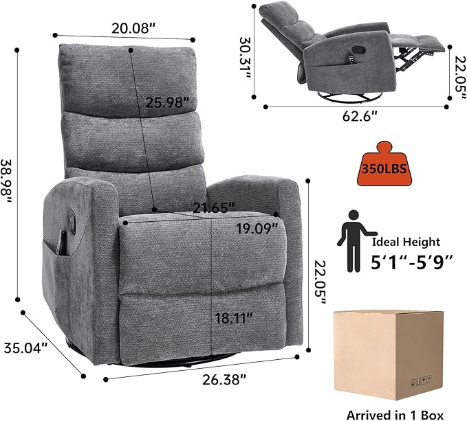 PELUMY 360° Swivel Rocker Recliner with Heat &amp Vibration Massage Glider Rocking Chair for Adults Compact Recliner for Living Room Small Spaces Nursery Bedroom (Chenille Grey)