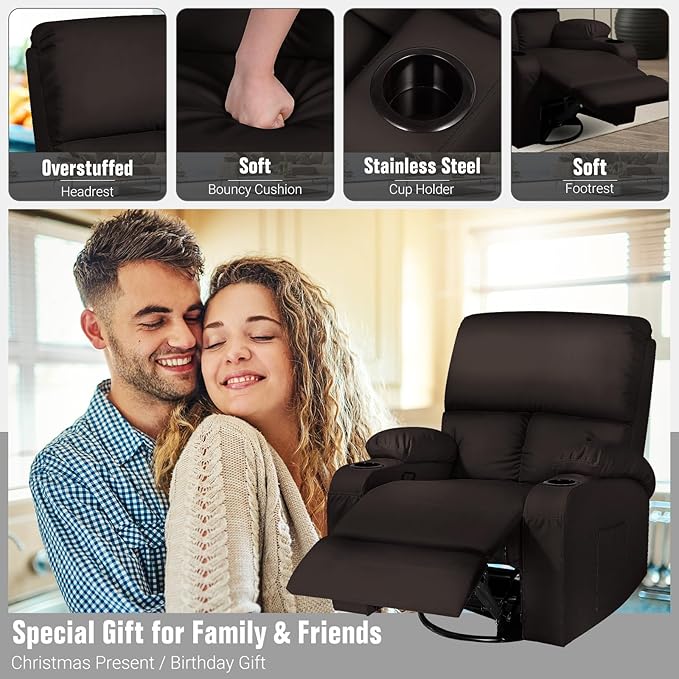 LEVELEVE Rocking Recliner Chair Massage Rocker Recliner Chair with Vibration Massage and Heat360° Swivel Recliner Chairs Living Room Bedroom Nursery RV Brown